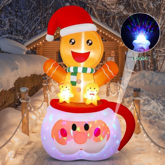 ⚡6FT Christmas Inflatable Gingerbread Rotating Lights Outdoor Decoration - Picture 6 of 7